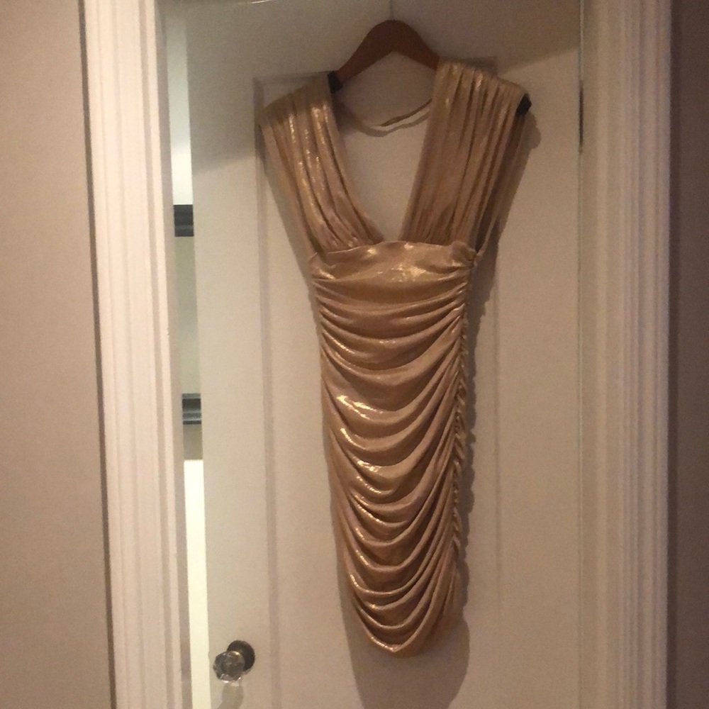 bebe Gold Metallic Ruched Mini Dress